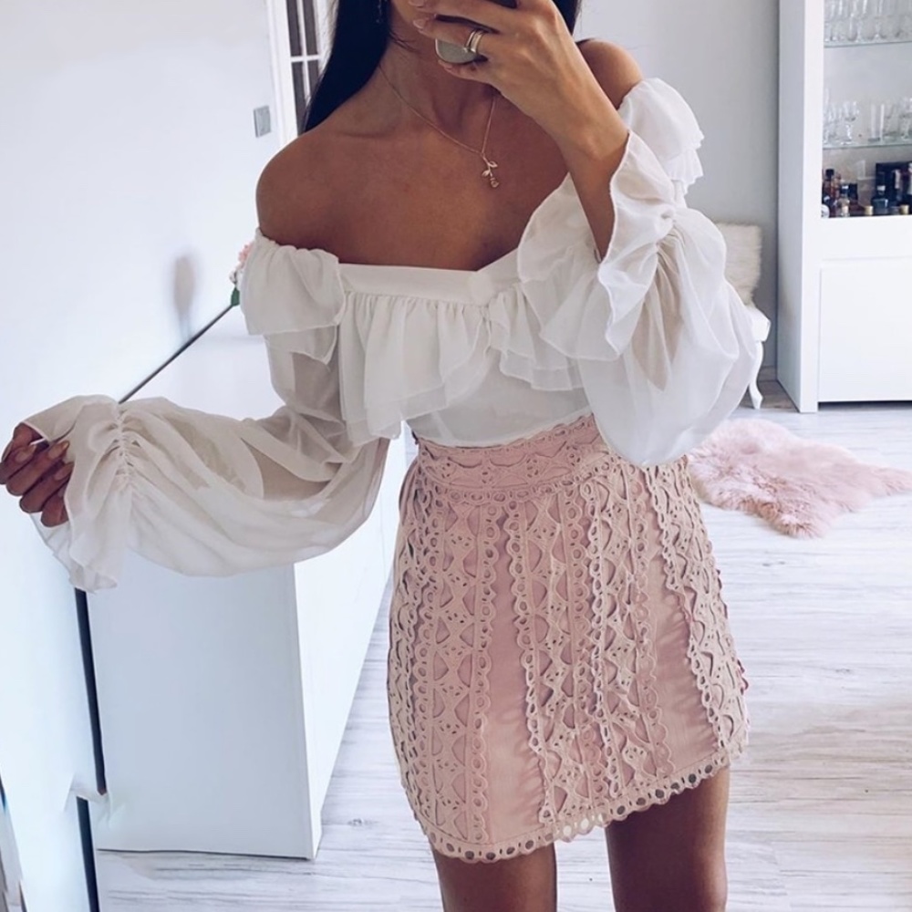 Cotton Guipure Lace High Waist Pink Skirt - Picture 2 of 12